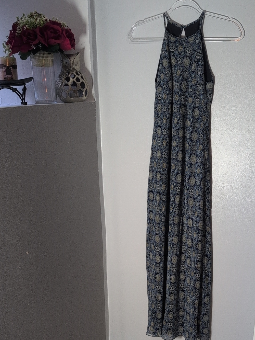 Yves Cossette Sleeveless Navy and Cream Patterned Halter Maxi Dress